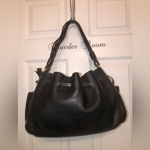 Kate Spade Drawstring Hobo Bag Black Pebbled Leather White Stitching - Picture 2 of 11